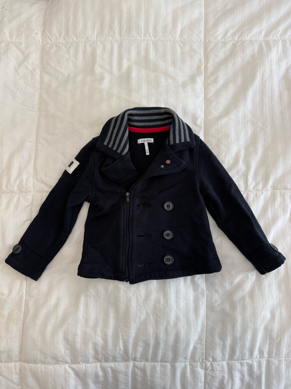 Ikks Navy Pea Coat with Striped Rib Collar
